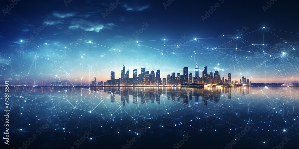 Modern cityscape with skyscrapers and digital connection lines on the background