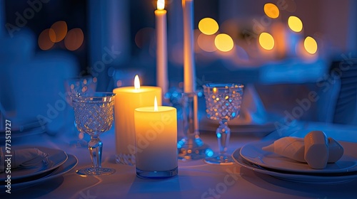 Intimate dinner setting with lit candles, elegant glassware, and a cozy atmosphere