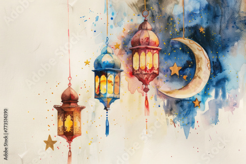 Ramadan Kareem holiday pastel greeting card, crescent moon, lantern © aamulya