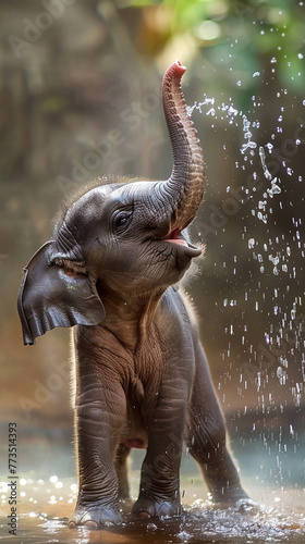A curious baby elephant spraying water from its trunk, creating a playful water fountain.
