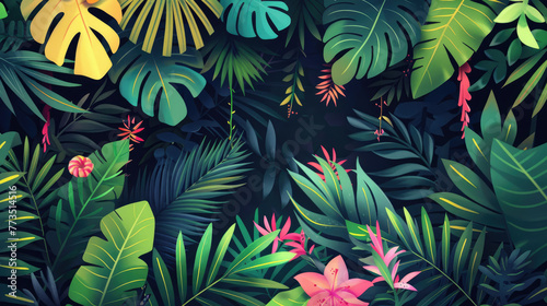 Vibrant Jungle Illustration with Diverse Flora and Fauna