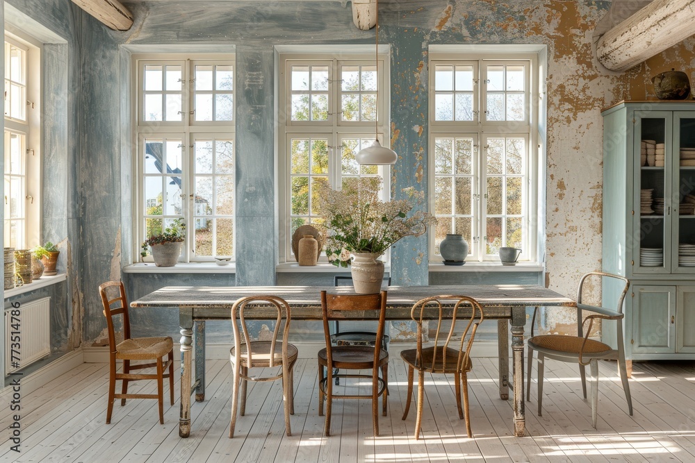 Elegant Swedish dining room with vintage decor and natural light