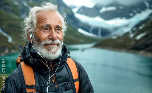 Happy Elderly Retired Man Listening Music with Earphones while Hiking with Backpack at the Alps Mountains in Switzerland