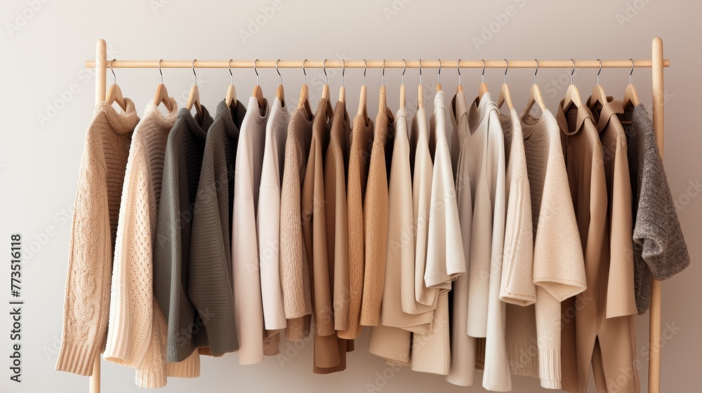 A rack holds assorted neutral - toned sweaters on wooden hangers A rack holds assorted neutral - toned sweaters on wooden hangers
