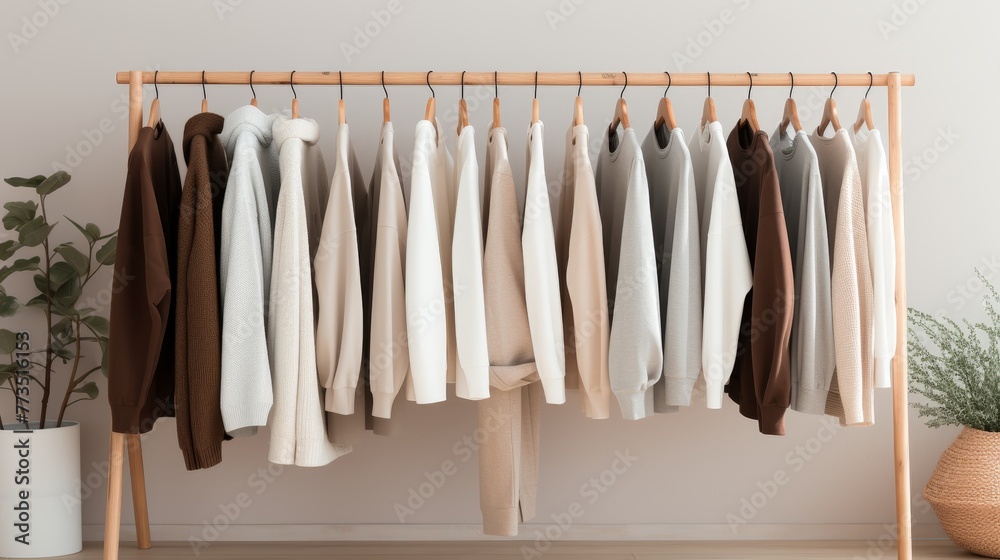 A rack holds assorted neutral - toned sweaters on wooden hangers 