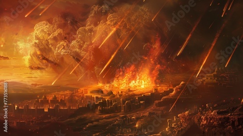 destruction of sodom and gomorrah by falling fire meteorites in high resolution