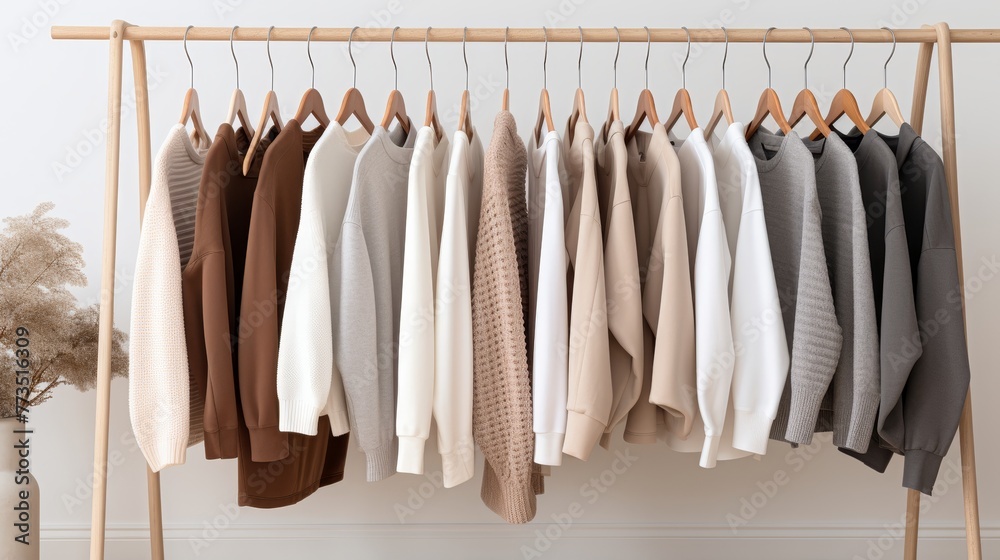 A rack holds assorted neutral - toned sweaters on wooden hangers A rack holds assorted neutral - toned sweaters on wooden hangers