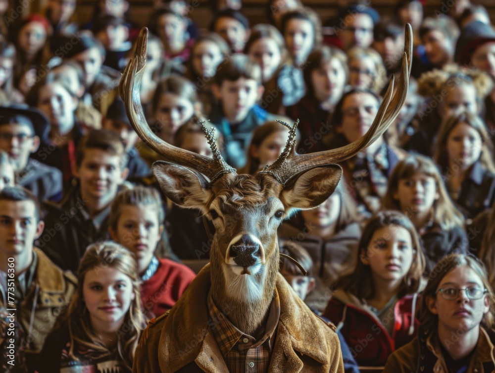 A group of a deer wearing a jacket and standing in front of people. Generative AI.