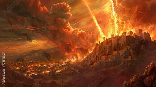 destruction of sodom and gomorrah by fire meteorites falling in high resolution and quality