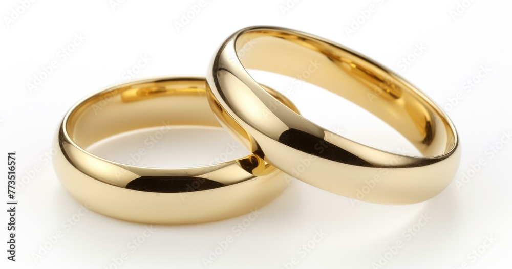 Two gold wedding rings are shown on a white background. Generative AI. Two gold wedding rings are shown on a white background. Generative AI.