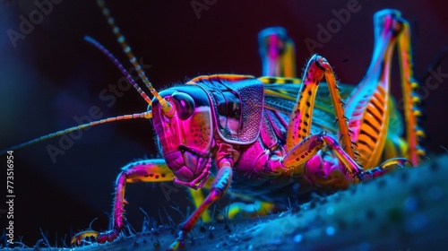 The ovipositor of a grasshopper highlighted in fluorescent colors demonstrating its incredible flexibility and ability to bend and