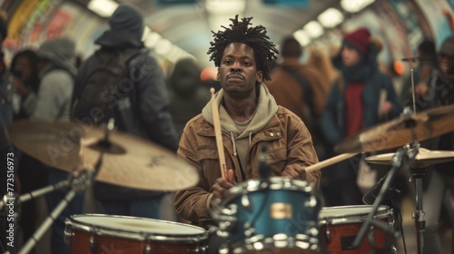 A man with dreadlocks playing drums in a  station. Generative AI. © serg3d