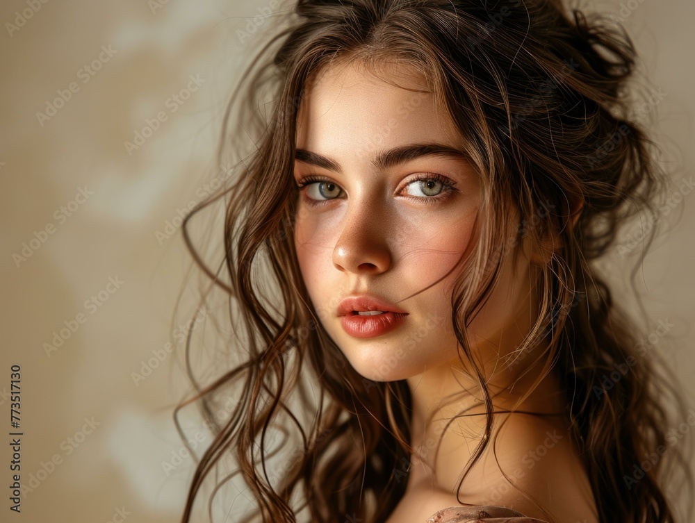 A woman with long brown hair posing for a picture. Generative AI. A woman with long brown hair posing for a picture. Generative AI.