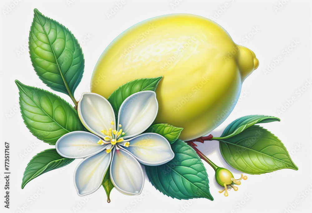 Drawing of lemon and leaf with flower on white background