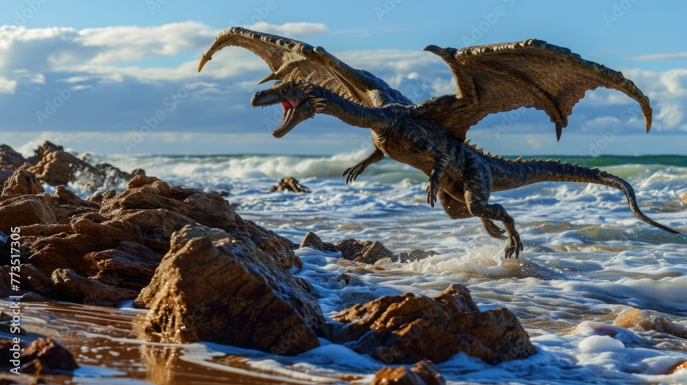 A model of a dragon flying over the ocean on rocks. Generative AI.