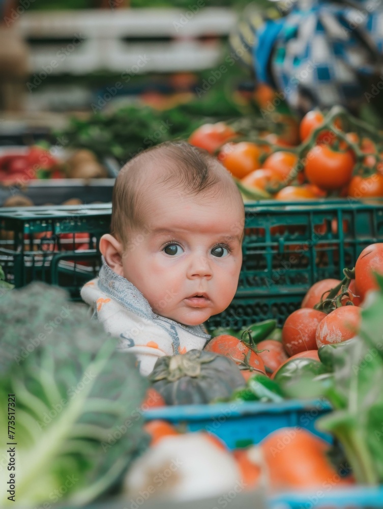 A baby sitting in a basket of vegetables at the market. Generative AI. A baby sitting in a basket of vegetables at the market. Generative AI.