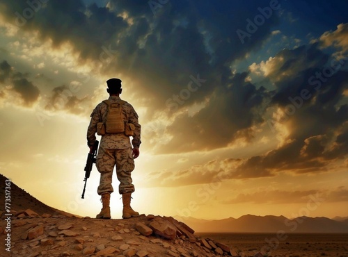 A soldier standing on a hill with his rifle. Generative AI.