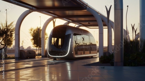 A futuristic train is traveling down a track in the middle of an open area. Generative AI.
