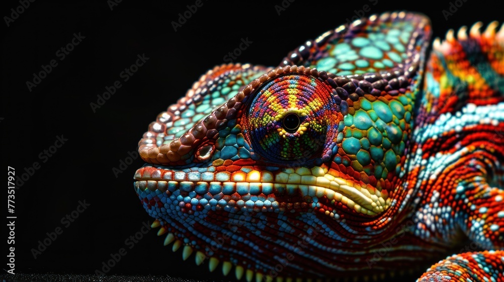 Obraz premium Close Up of a Chameleon with beautiful colors on a dark background
