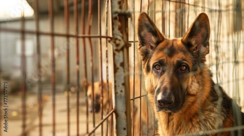 A dog inside a cage looking directly at the camera. Suitable for pet adoption ads photo
