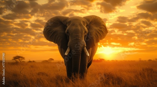 An elephant walking through a field at sunset with the sun setting behind it. Generative AI.