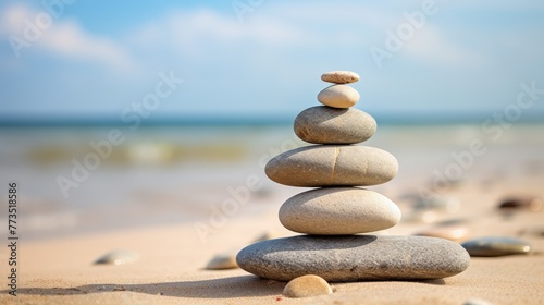 A stack of rocks balanced on top of a sandy beach, creating a harmonious composition