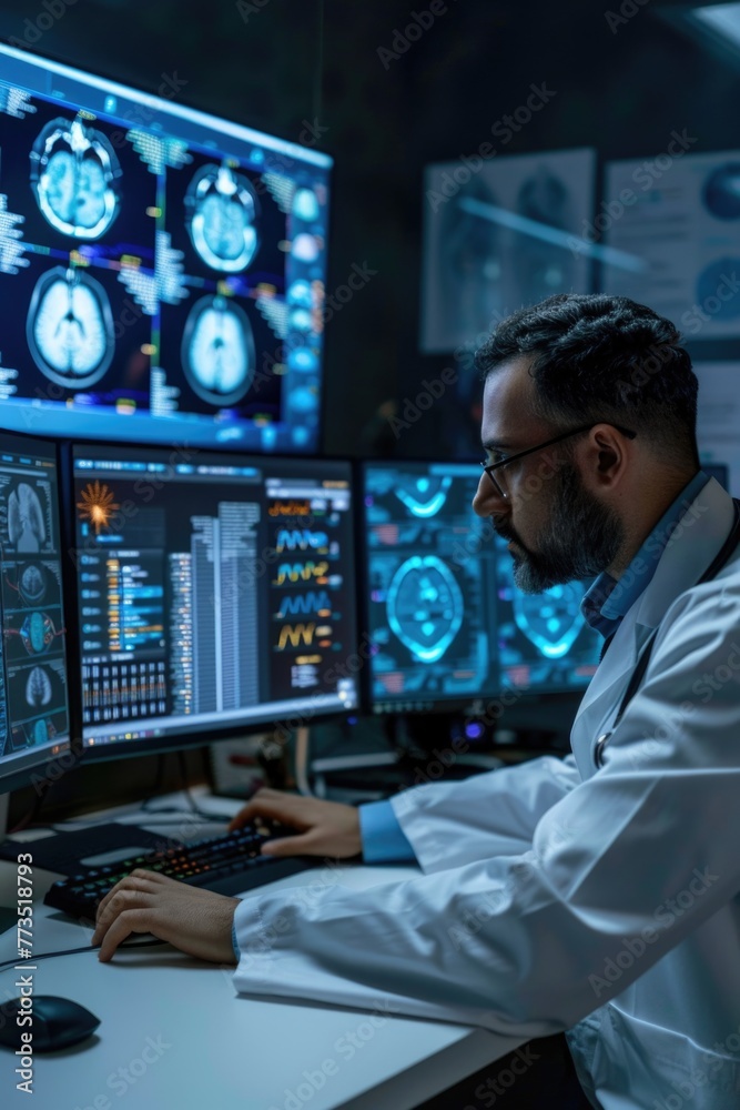 A man in a lab coat sitting at a computer. Suitable for science and technology concepts