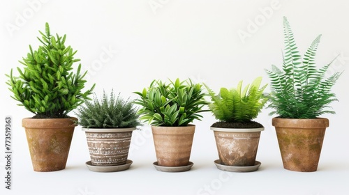 Four potted plants arranged neatly on a table. Suitable for home decor or gardening concepts