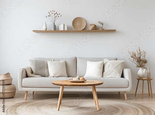 Modern living room interior with sofa, wooden coffee table and Scandinavian decoration elements in the style of Scandinavian home decor photo