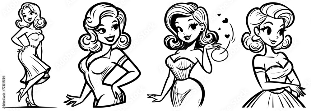 pin-up girl vintage style, black silhouette vector, comic cute woman shape print, monochrome clipart retro pin up illustration, laser cutting engraving nocolor