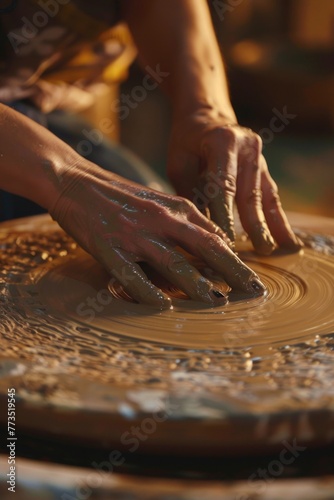 A person crafting a clay bowl on a potter's wheel. Suitable for art and crafting themes photo