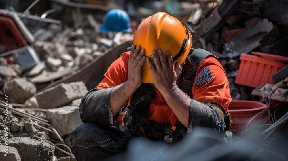 A weary rescue worker sits, head in hands, symbolizing disaster fatigue A weary rescue worker sits, head in hands, symbolizing disaster fatigue