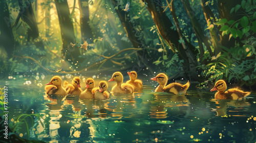 A group of adorable ducklings waddling through a sparkling emerald pond, surrounded by a canopy of tall trees.