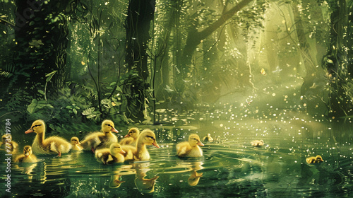 A group of adorable ducklings waddling through a sparkling emerald pond, surrounded by a canopy of tall trees.