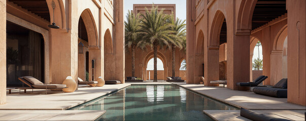 getaway destination of luxury resort hotel or palace garden landscaping design with arcade arcs and pool water feature for Arabia classic exotic tourism architecture design as wide banner