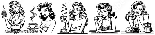 drinking coffe pinup woman retro style  black vector nocolor silhouette  pin up girl vintage monochrome clipart illustration  laser cutting engraving old style  comic character design