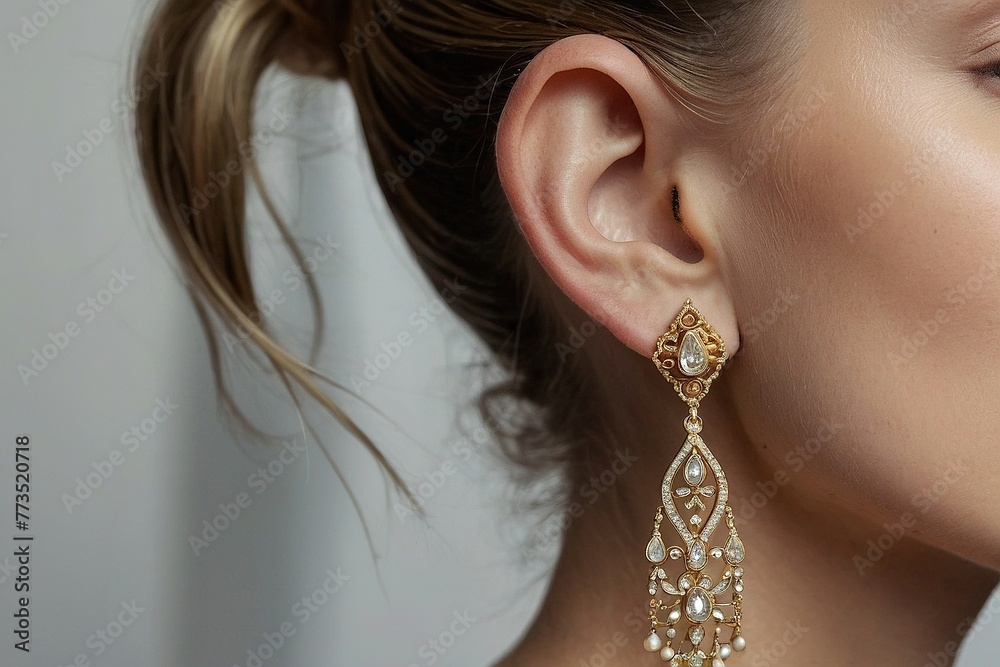 a close up of a woman wearing a pair of earrings
