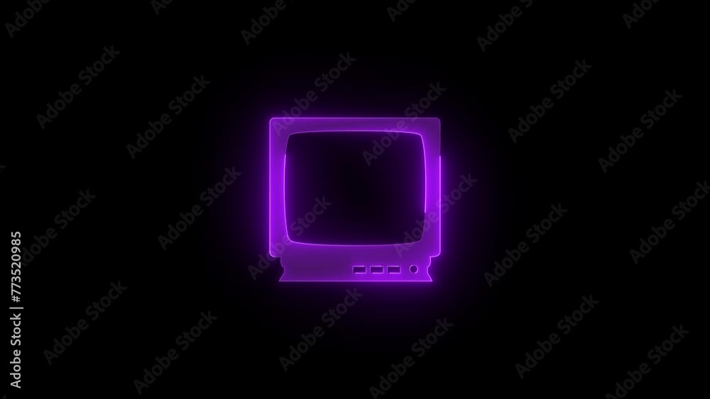 Television receiver icon glowing neon purple color animation black background