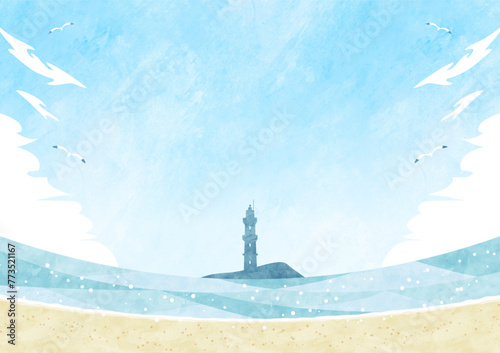 夏の海の水彩背景フレーム 砂浜と青空のビーチの風景イラスト