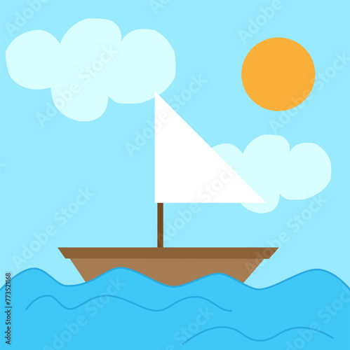 Ship sailing in the ocean.  Sun shining.