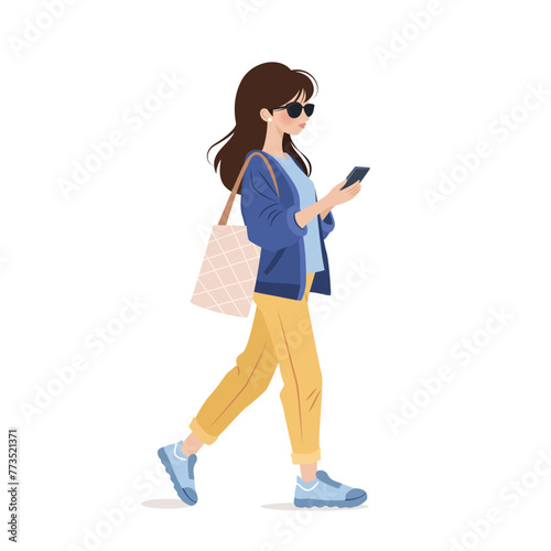 Young woman in casual clothing walking and using her smartphone. Character holding a mobile phone in her hands, surfing internet and chatting. isolated vector illustration on white background.