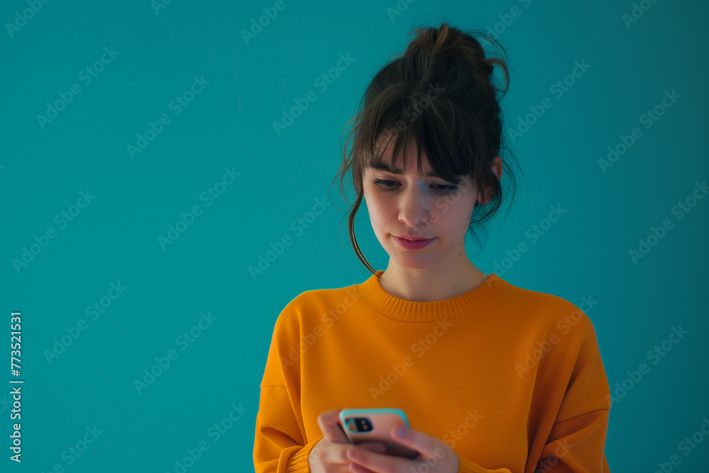 Focused Woman Looking at and Using Smartphone with Blue Background Focused Woman Looking at and Using Smartphone with Blue Background