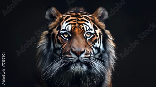 Close-up portrait of a tiger on a black background in studio.