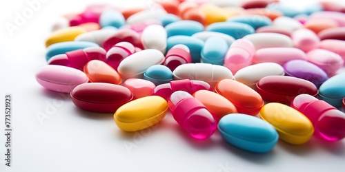 Colorful pills and capsules on blur background. 3d illustration.