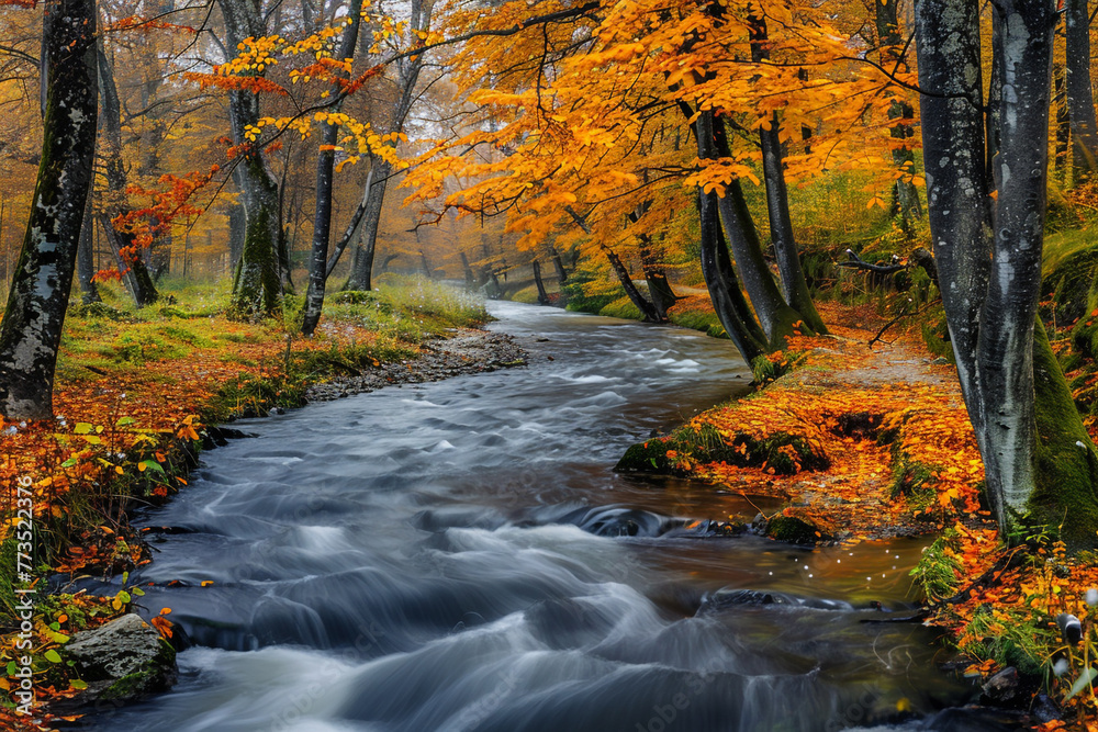 A peaceful autumn landscape with a winding river flowing through colorful trees. A peaceful autumn landscape with a winding river flowing through colorful trees.