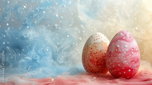 Easter day. Polka dot eggs splashed with paint explosion isolated on background. View, mock-up, copy space.