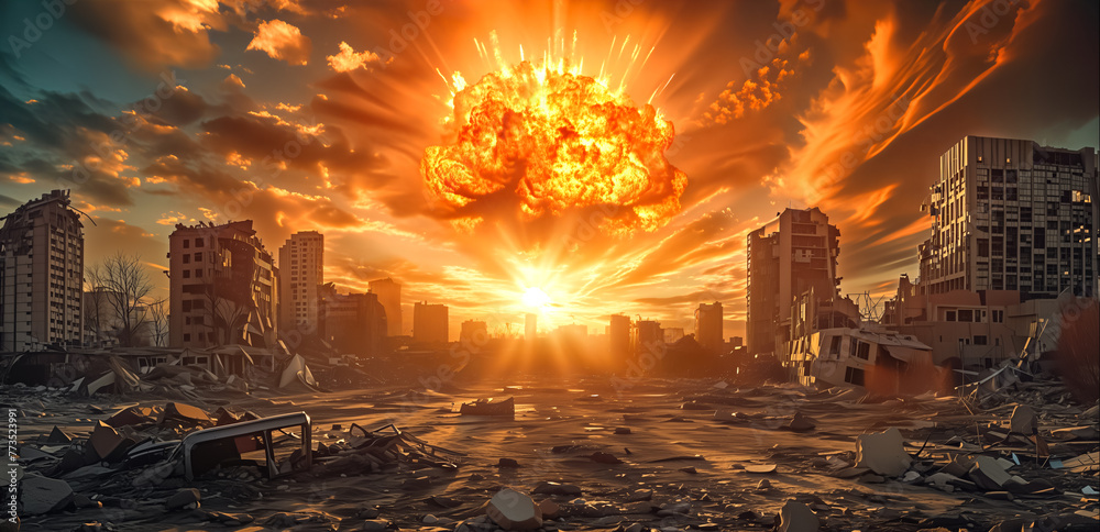 Modern city devastated by explosions. explosion nuclear bomb in a city. futuristic background	 - obrazy, fototapety, plakaty 