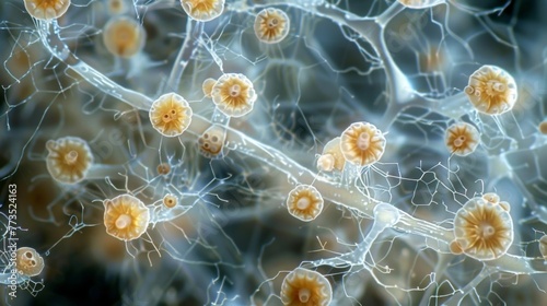A highly magnified image of a group of mushroom spores each one delicately attached to the end of a long branching hyphae fungal filament.