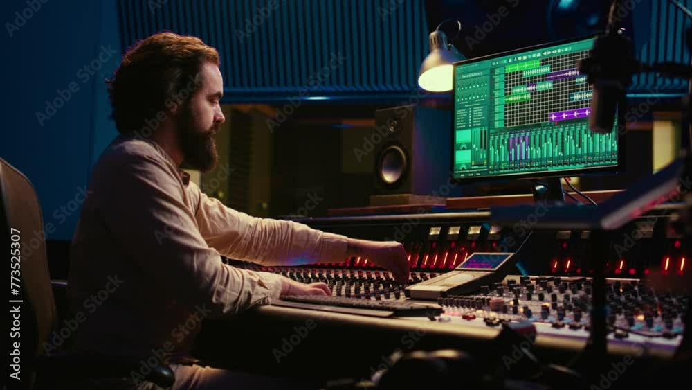 Professional tracking engineer editing music by adding sound effects in control room at studio, recording tracks and using mixing console. Producer operates technical equipment. Camera B. Professional tracking engineer editing music by adding sound effects in control room at studio, recording tracks and using mixing console. Producer operates technical equipment. Camera B.