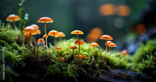 A few small green and orange mushrooms growing in the moss